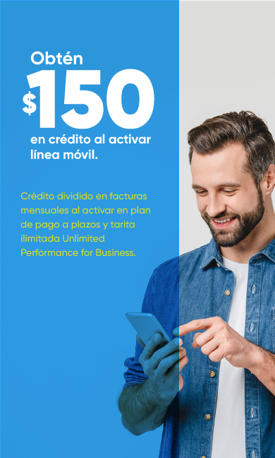 Obtén $150 en crédito al activar línea móvil en la mejor red para las necesidades de tu negocio. Disfrutarás de estar conectado a la red más confiable.