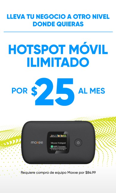 Dale continuidad a tu negocio desde donde quieras y llévalo a otro nivel con hotspot móvil ilimitado por $25 al mes. Requiere compra de equipo Moxxe por $84.99. Regístrate para que uno de nuestros expertos te oriente sobre esta oferta o llámanos al 787-963-1000.