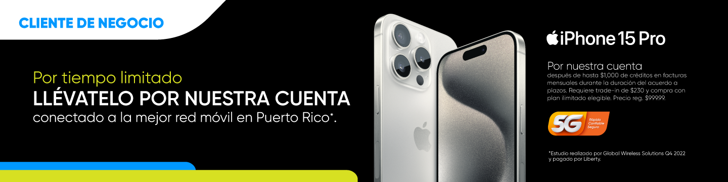 Llévate el nuevo iPhone 15 Pro por nuestra cuenta, conectado a la mejor red móvil en Puerto Rico*, después de hasta $1,000 de créditos en facturas mensuales durante la duración del acuerdo a plazos.