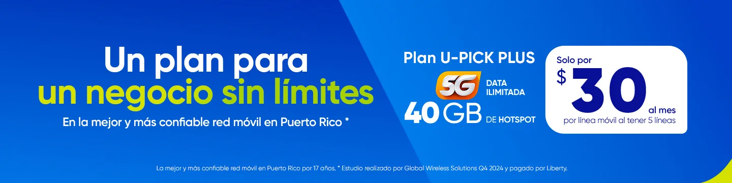 ¡Un plus ilimitado para tu negocio con Liberty Business! Por solo $30 al mes, al activar 5 líneas, tendrás 5G ilimitado + 40 GB hs de mobile Hotspot por línea + roaming en México y Canadá. ¡Obtén hoy mismo el plus que tu negocio necesita con esta oferta exclusiva para clientes de negocio!
