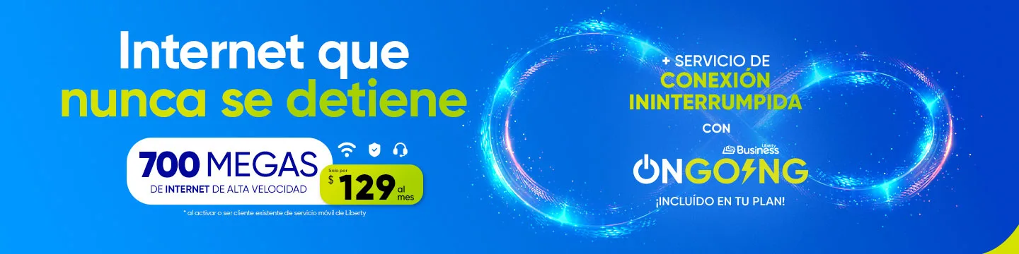 ¡Maximiza las operaciones de tu negocio con Liberty Business! Obtén internet de alta velocidad de 700 megas + 24 hs de Internet sin interrupciones de OnGoing, ¡por solo $129 al mes! Llámanos al 787-963-1000 o regístrate para que uno de nuestros expertos en ventas te oriente. Con Liberty Business, tu negocio está mejor conectado.