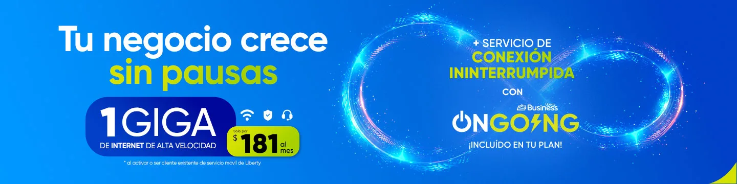 Impulsa la conectividad de tu negocio con Liberty Business. Por solo $181 al mes, tendrás 1,000 MEGAS de velocidad + 24 hs de Internet sin interrupciones de OnGoing. ¡Potencia la productividad de tu negocio hoy mismo con esta oferta exclusiva para clientes de negocio!