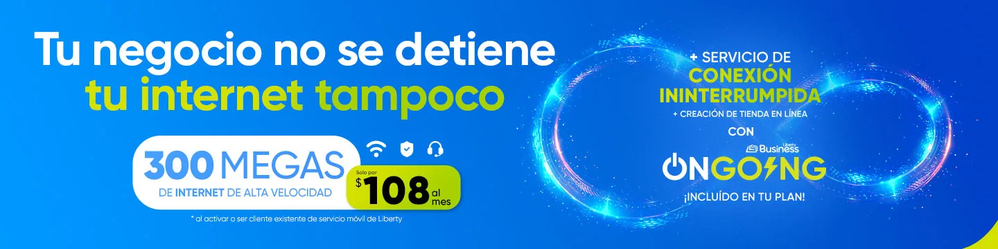 Aprovecha y conecta tu negocio al internet más rápido en Puerto Rico* con 300 Megas de velocidad + 24 hs de Internet sin interrupciones de OnGoing + creación de tu tienda en línea, ¡por $108 al mes! Regístrate para que uno de nuestros expertos en ventas te contacte, o llámanos al 787-963-1000.