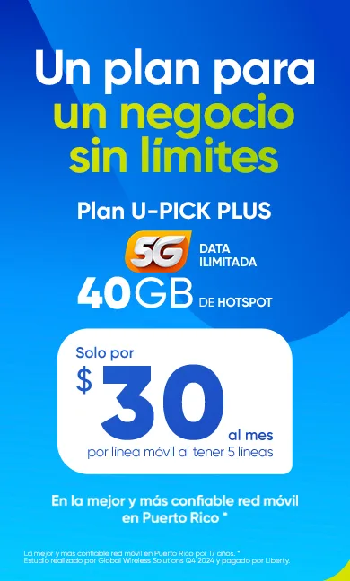 ¡Un plus ilimitado para tu negocio con Liberty Business! Por solo $30 al mes, al activar 5 líneas, tendrás 5G ilimitado + 40 GB hs de mobile Hotspot por línea + roaming en México y Canadá. ¡Obtén hoy mismo el plus que tu negocio necesita con esta oferta exclusiva para clientes de negocio!