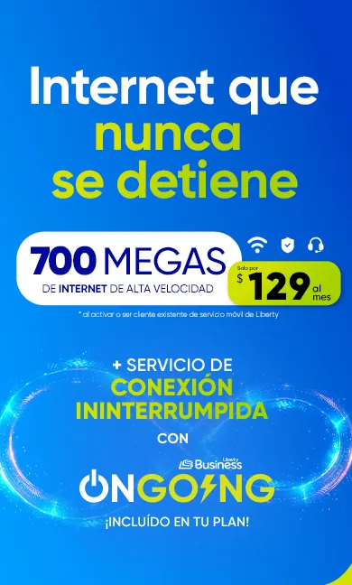 ¡Maximiza las operaciones de tu negocio con Liberty Business! Obtén internet de alta velocidad de 700 megas + 24 hs de Internet sin interrupciones de OnGoing, ¡por solo $129 al mes! Llámanos al 787-963-1000 o regístrate para que uno de nuestros expertos en ventas te oriente. Con Liberty Business, tu negocio está mejor conectado.