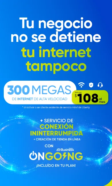Aprovecha y conecta tu negocio al internet más rápido en Puerto Rico* con 300 Megas de velocidad + 24 hs de Internet sin interrupciones de OnGoing + creación de tu tienda en línea, ¡por $108 al mes! Regístrate para que uno de nuestros expertos en ventas te contacte, o llámanos al 787-963-1000.